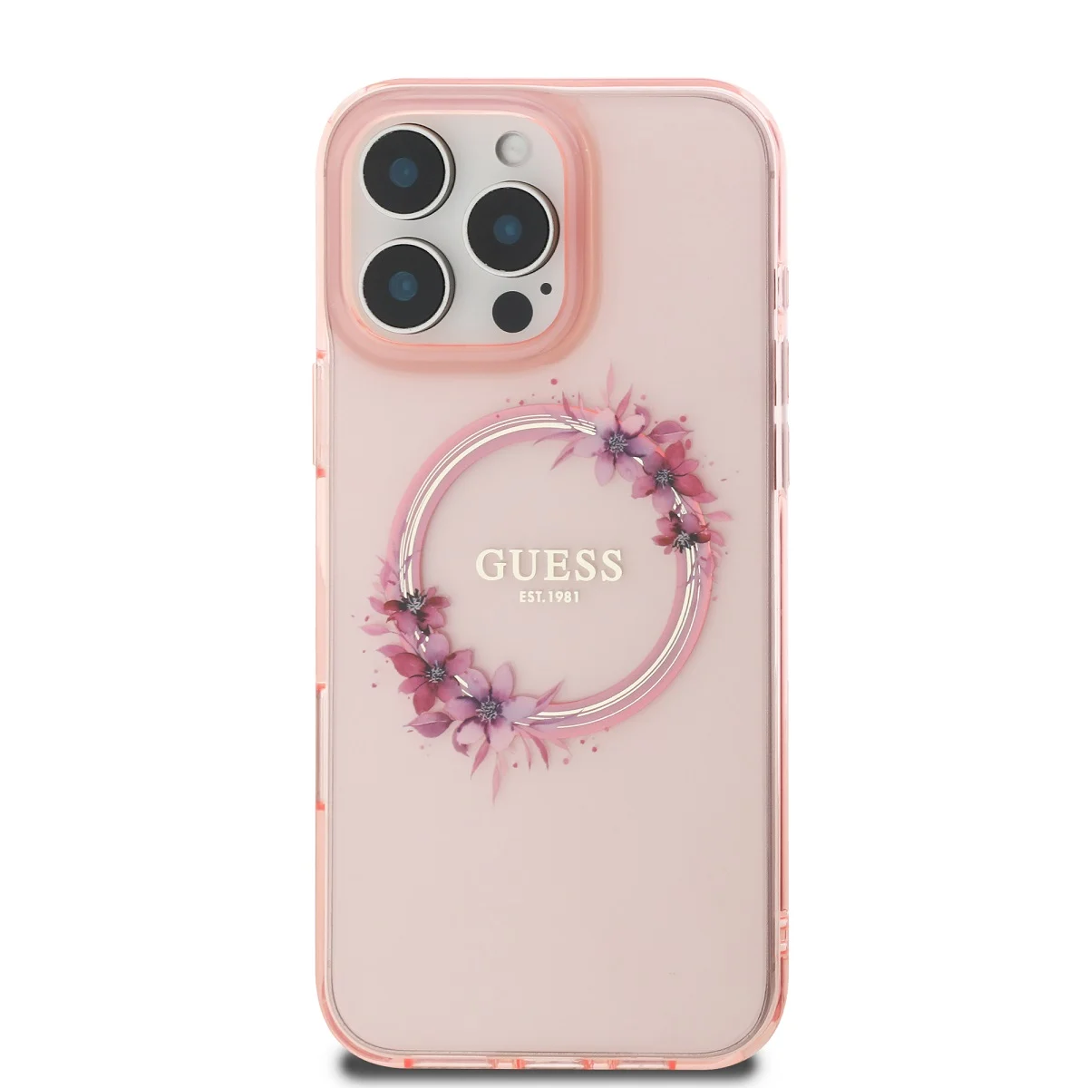 Калъф Guess IML Flowers Ring MagSafe за Apple iPhone 16 Pro Max – розов прозрачен калъф с цветя и блестящ MagSafe пръстен Guess, изглед с телефон