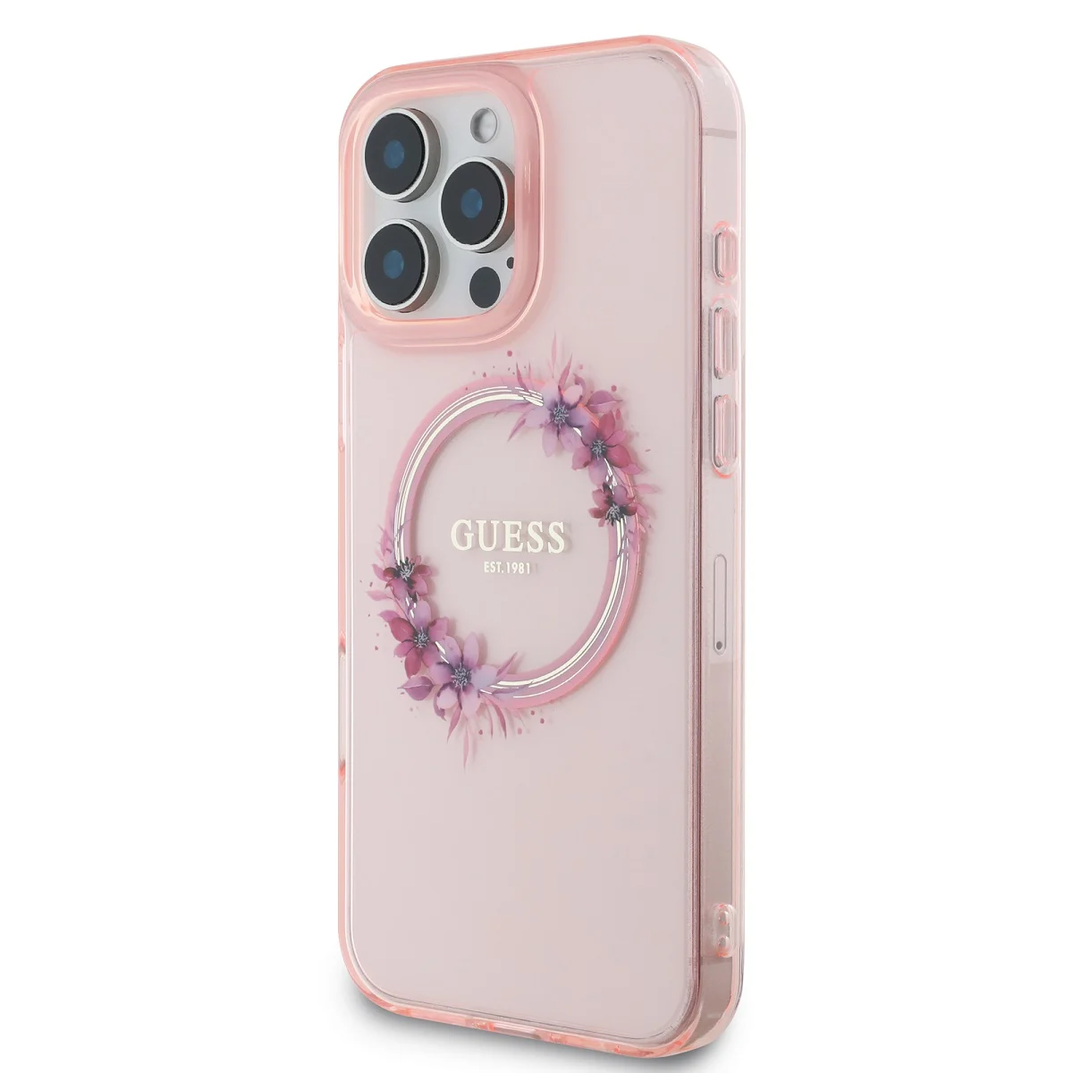 Калъф Guess IML Flowers Ring MagSafe за Apple iPhone 16 Pro Max – розов прозрачен калъф с цветя и блестящ MagSafe пръстен Guess, ъглов изглед
