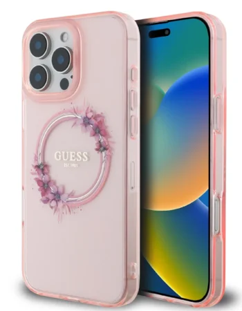 Калъф Guess IML Flowers Ring MagSafe за Apple iPhone 16 Pro Max – розов прозрачен калъф с цветя и блестящ MagSafe пръстен Guess, заден изглед