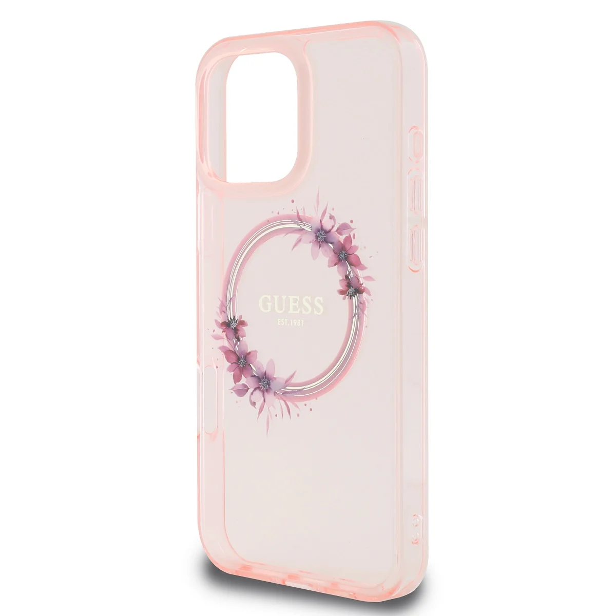 Калъф Guess IML Flowers Ring MagSafe за Apple iPhone 16 Pro Max – розов прозрачен калъф с цветя и блестящ MagSafe пръстен Guess, празен калъф