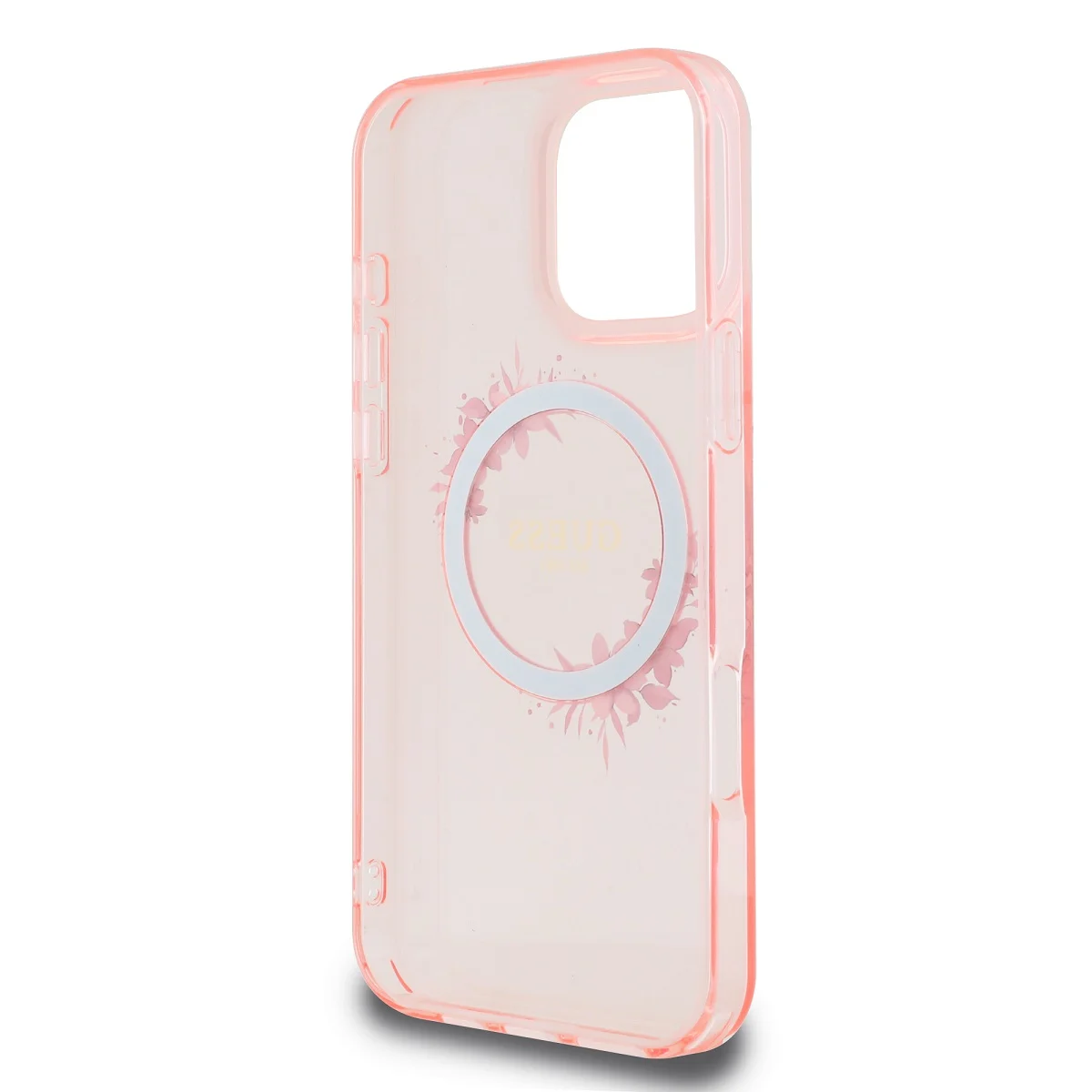 Калъф Guess IML Flowers Ring MagSafe за Apple iPhone 16 Pro Max – розов прозрачен калъф с цветя и блестящ MagSafe пръстен Guess, изглед отвътре