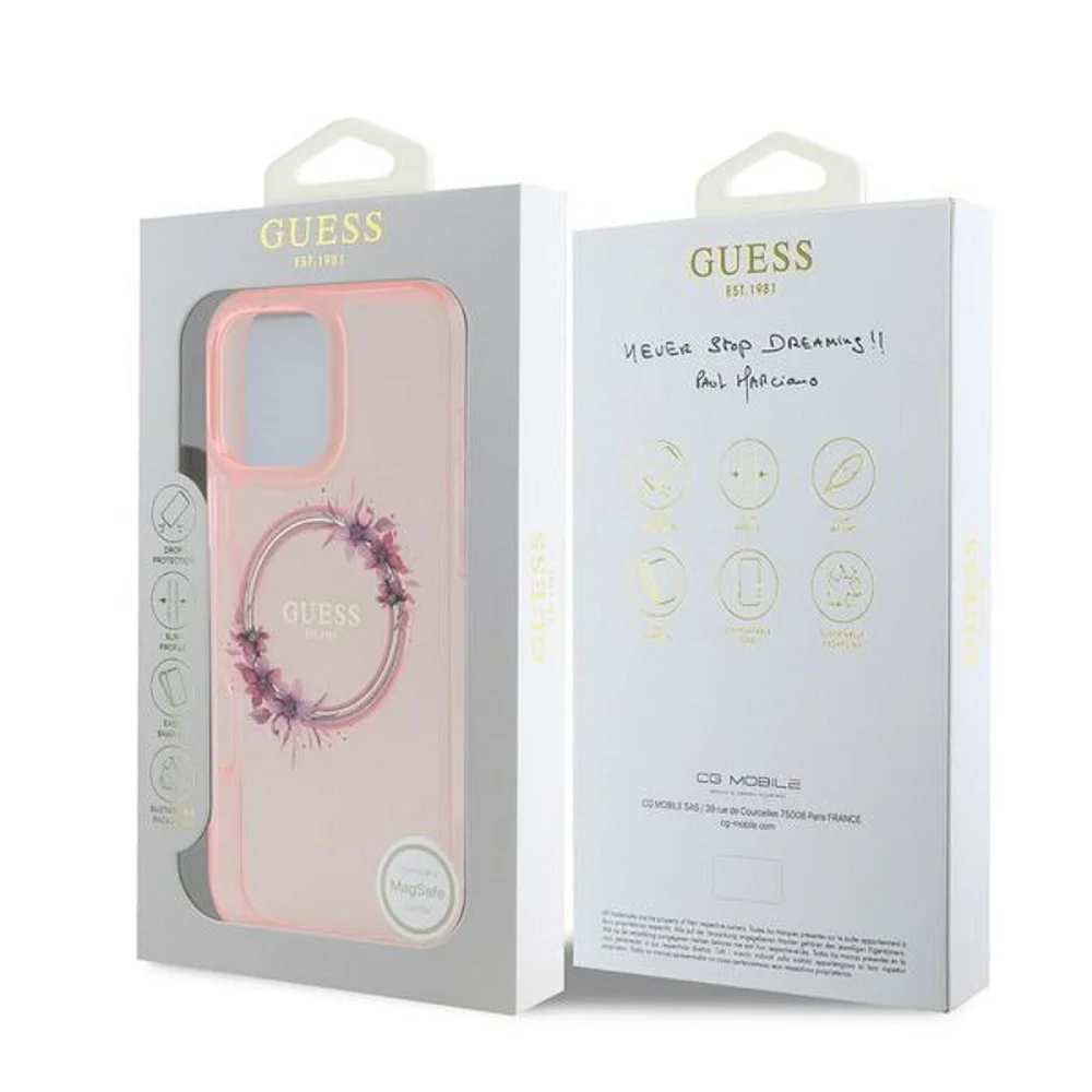 Опаковка на калъф Guess IML Flowers Ring MagSafe за Apple iPhone 16 Pro Max – розов прозрачен калъф с цветя и блестящ MagSafe пръстен Guess