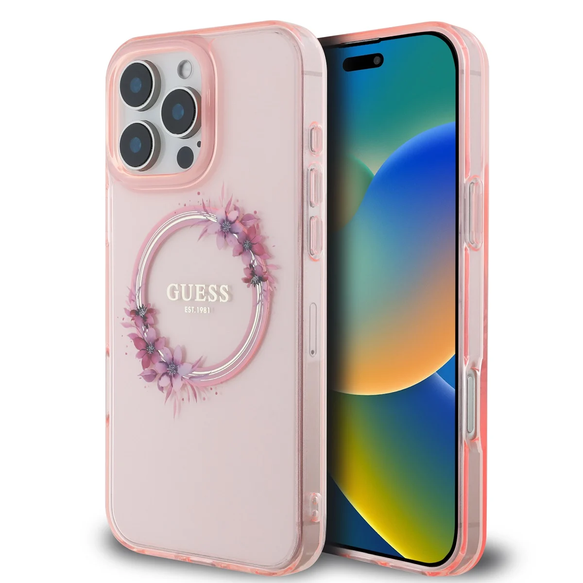 Калъф Guess IML Flowers Ring MagSafe за Apple iPhone 16 Pro Max – розов прозрачен калъф с цветя и блестящ MagSafe пръстен Guess, заден изглед