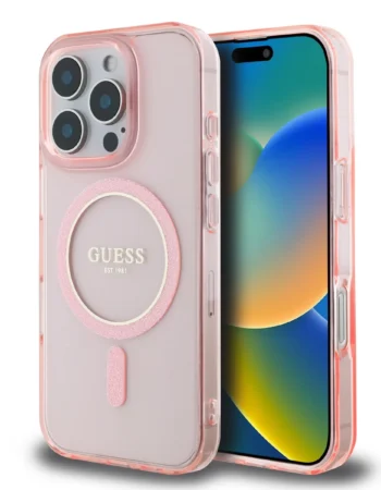 Калъф Guess IML Glitter Ring MagSafe за Apple iPhone 16 Pro Max – прозрачен розов калъф с блестящ пръстен Guess и MagSafe