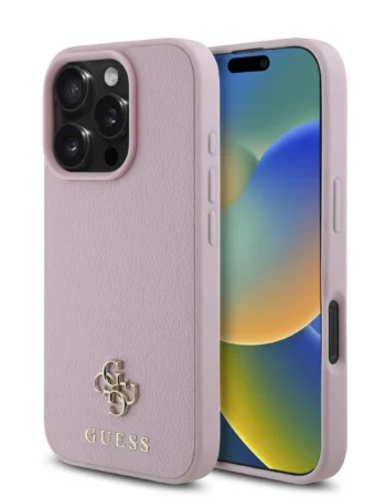 Калъф Guess PU Grained 4G Small Metal Logo MagSafe за Apple iPhone 16 Pro – розов PU кожен калъф с метално лого Guess 4G и магнитен MagSafe пръстен, преден и заден изглед