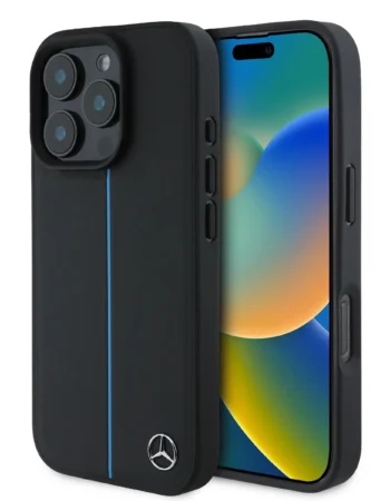 Оригнален Калъф MERCEDES MEHMP16L23RURBK Apple iPhone 16 Pro Leather Blue Stripe MagSafe /черен/