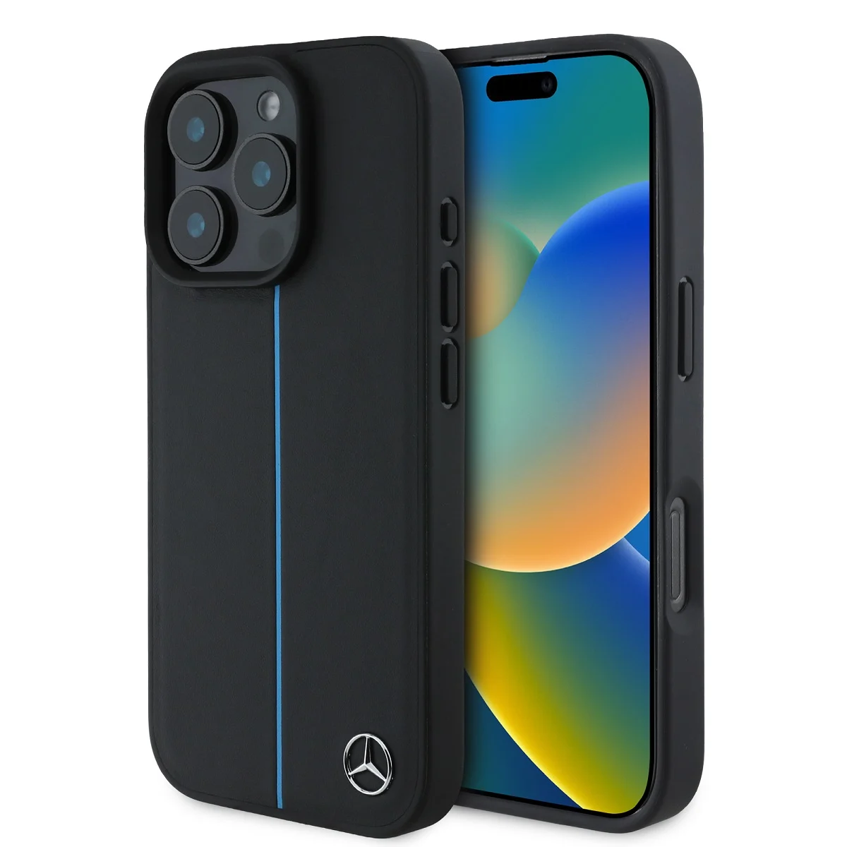 Оригнален Калъф MERCEDES MEHMP16L23RURBK Apple iPhone 16 Pro Leather Blue Stripe MagSafe /черен/