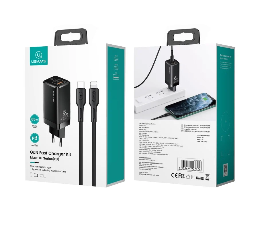 220V USAMS 65W, USB-A, 2xUSB-C, PD3, QC4, 4.5A + Type-C към Lightning, GaN /черно/ – снимка 2