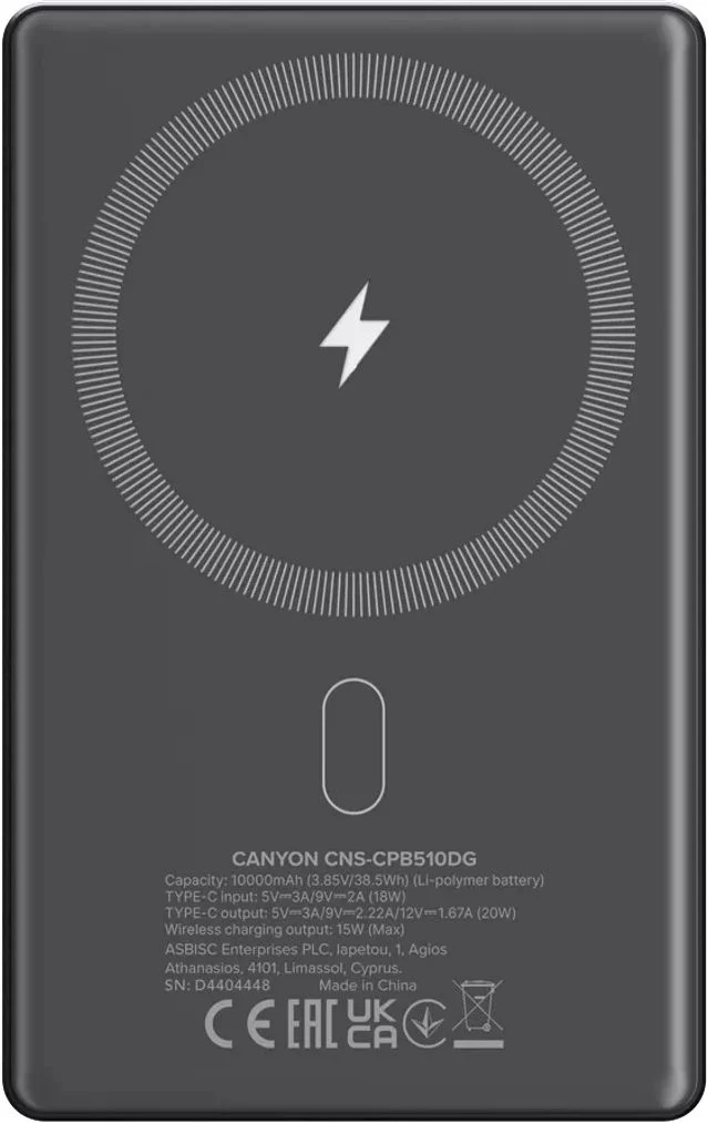 PowerBank Canyon OnPower 510 Slim, 20 W, 10000 mAh, Сив - CNS-CPB510DG – снимка 3
