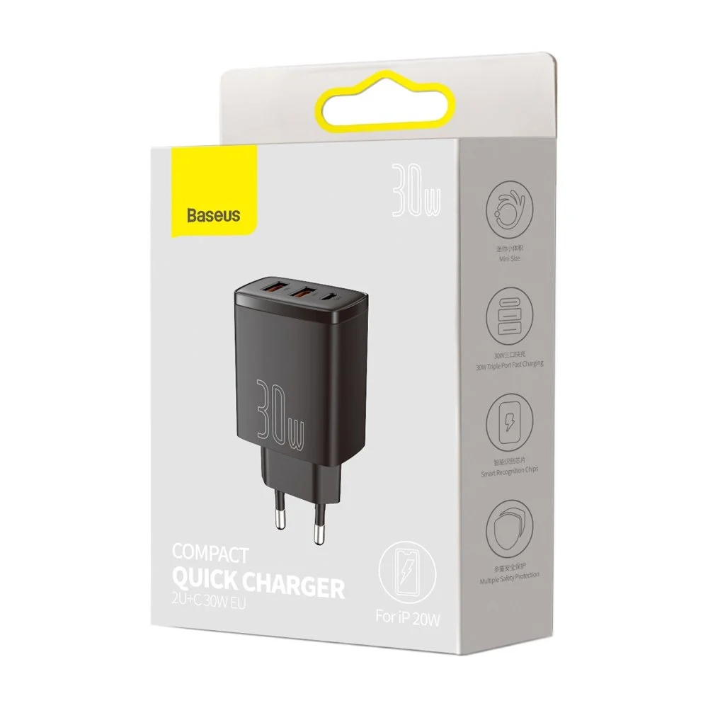 BASEUS 220V 30W, 2xUSB-A, USB-C, Compact (CCXJ-E01) /черно/ – снимка 9