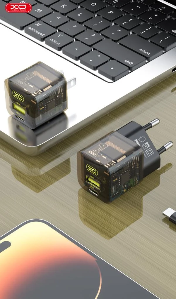 220V XO 30W USB-A/QC + USB-C/PD GaN + Type-C към Lightning, CE05 Transparent Series /кафяво/ – снимка 9