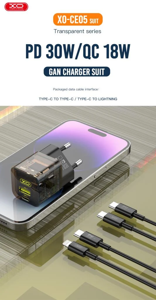 220V XO 30W USB-A/QC + USB-C/PD GaN + Type-C към Lightning, CE05 Transparent Series /кафяво/ – снимка 4