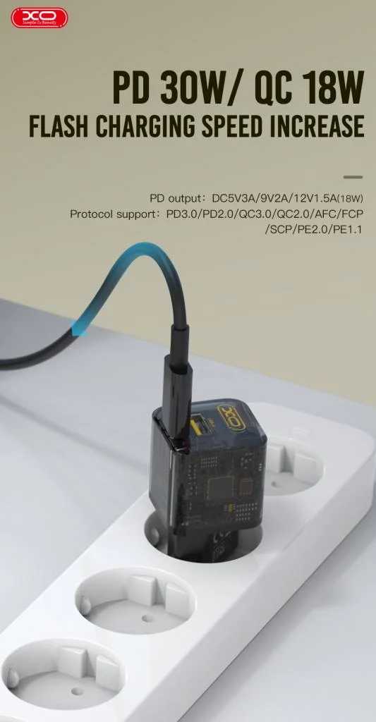 220V XO 30W USB-A/QC + USB-C/PD GaN + Type-C към Lightning, CE05 Transparent Series /кафяво/ – снимка 5