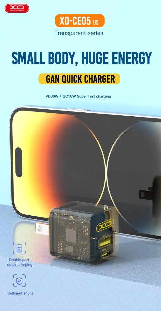 220V XO 30W USB-A/QC + USB-C/PD GaN + Type-C към Lightning, CE05 Transparent Series /кафяво/ – снимка 6