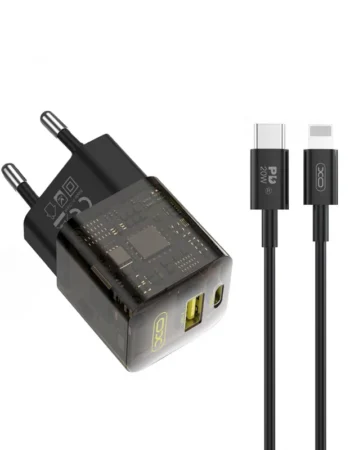 220V XO 30W USB-A/QC + USB-C/PD GaN + Type-C към Lightning, CE05 Transparent Series /кафяво/