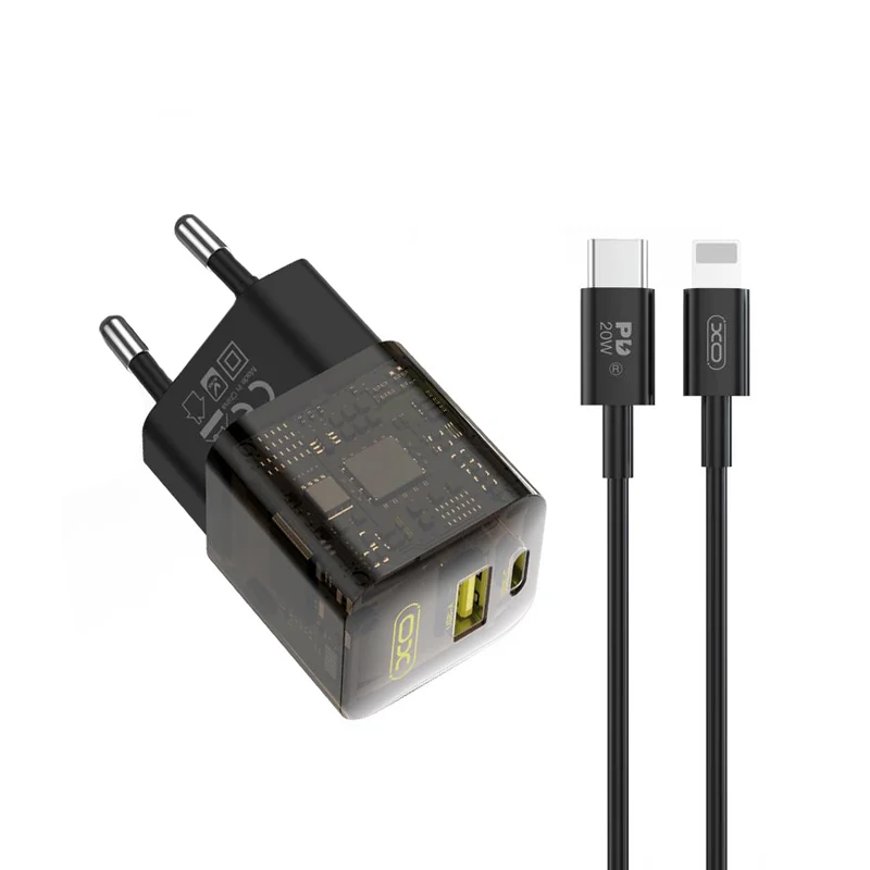 220V XO 30W USB-A/QC + USB-C/PD GaN + Type-C към Lightning, CE05 Transparent Series /кафяво/