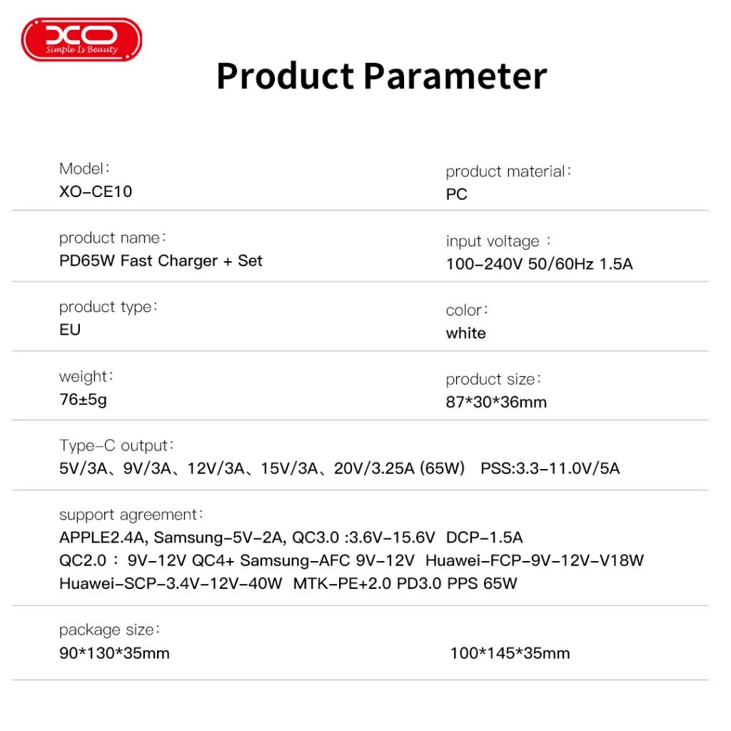 220V XO 65W, USB-C, PD, 3A, CE10 (EU сертифицирано) /бяло/ – снимка 6