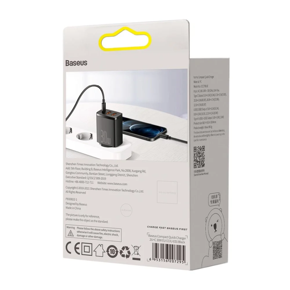 BASEUS 220V 30W, 2xUSB-A, USB-C, Compact (CCXJ-E01) /черно/ – снимка 10