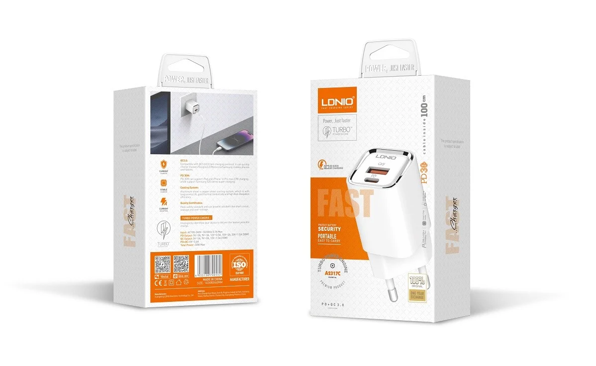 220V LDNIO 30W USB-C, USB-A + кабел Type-C - Type-C, A2317C /бяло/ – снимка 4