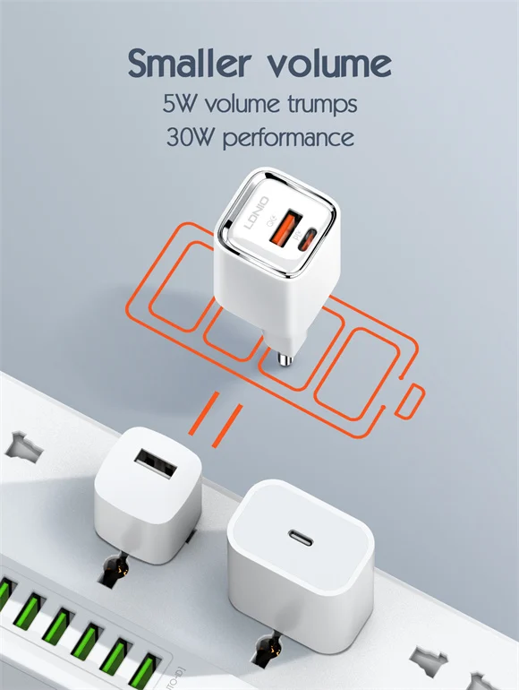 220V LDNIO 30W USB-C, USB-A + кабел Type-C - Type-C, A2317C /бяло/ – снимка 5