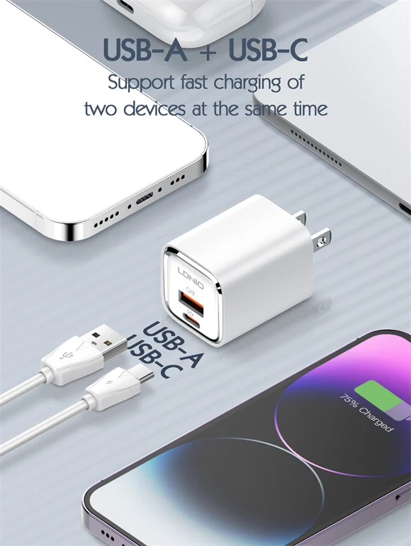 220V LDNIO 30W USB-C, USB-A + кабел Type-C - Type-C, A2317C /бяло/ – снимка 6