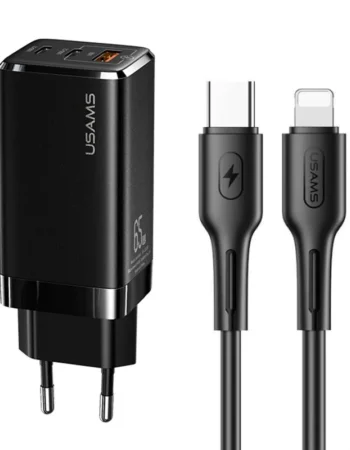 220V USAMS 65W, USB-A, 2xUSB-C, PD3, QC4, 4.5A + Type-C към Lightning, GaN /черно/
