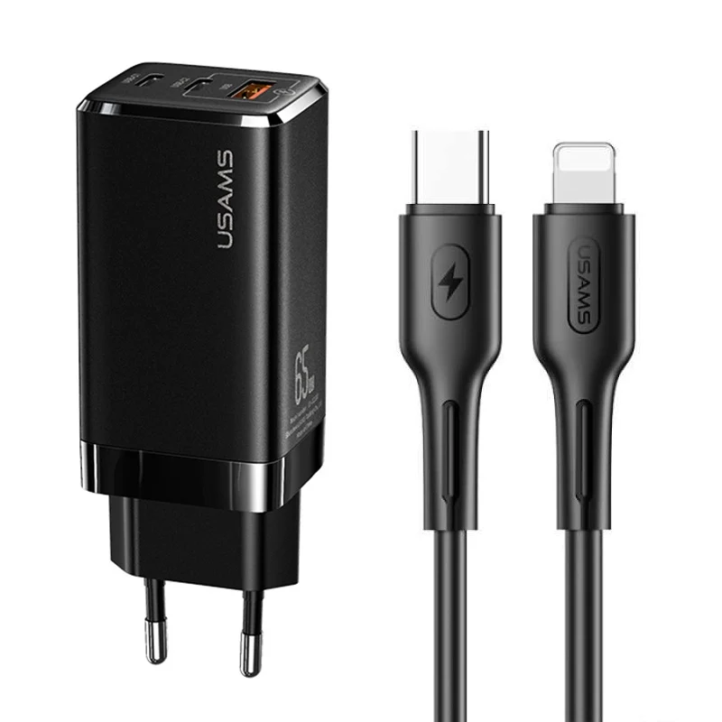 220V USAMS 65W, USB-A, 2xUSB-C, PD3, QC4, 4.5A + Type-C към Lightning, GaN /черно/