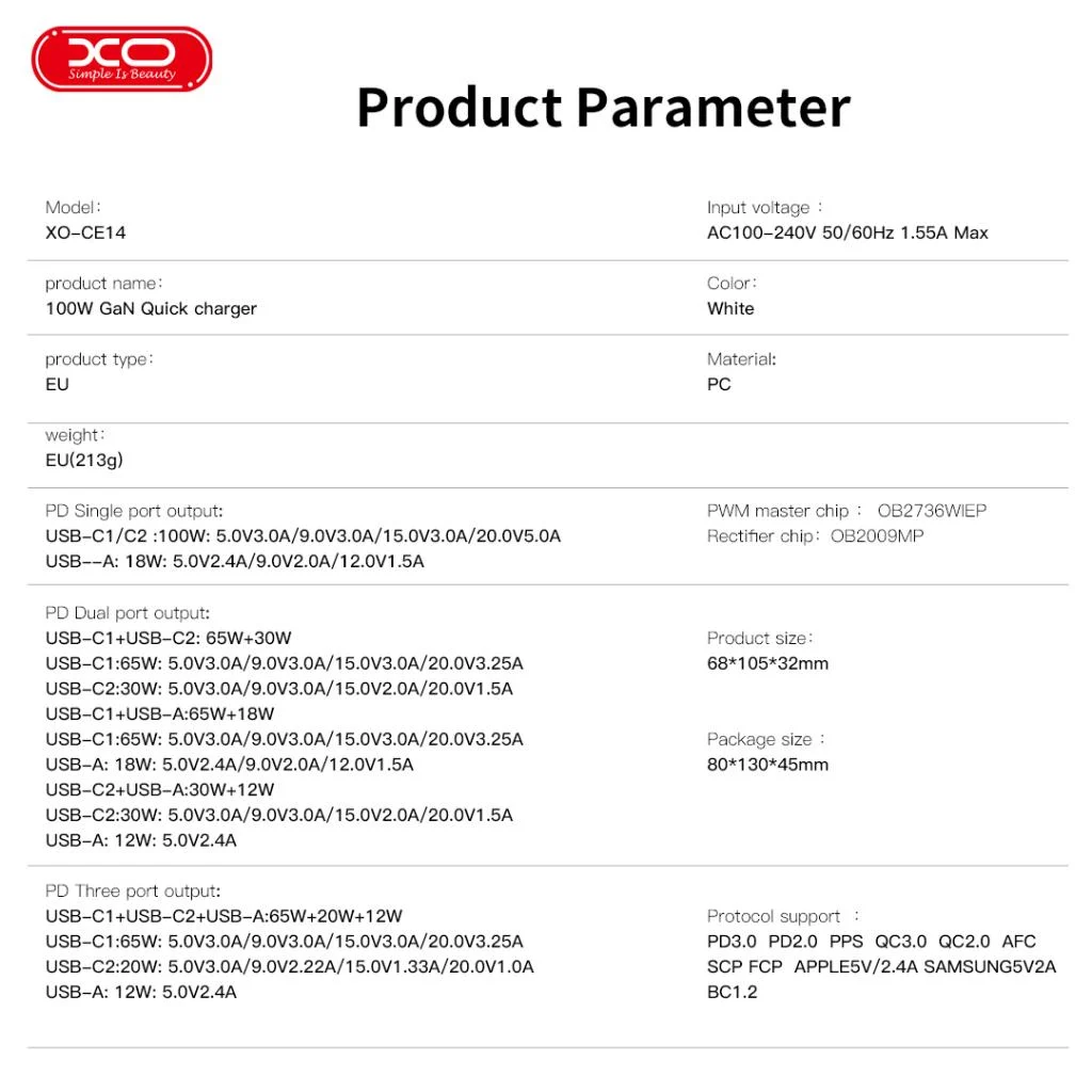220V XO 100W, USB-A + 2xUSB-C, GaN CE14 /бяло/ – снимка 8