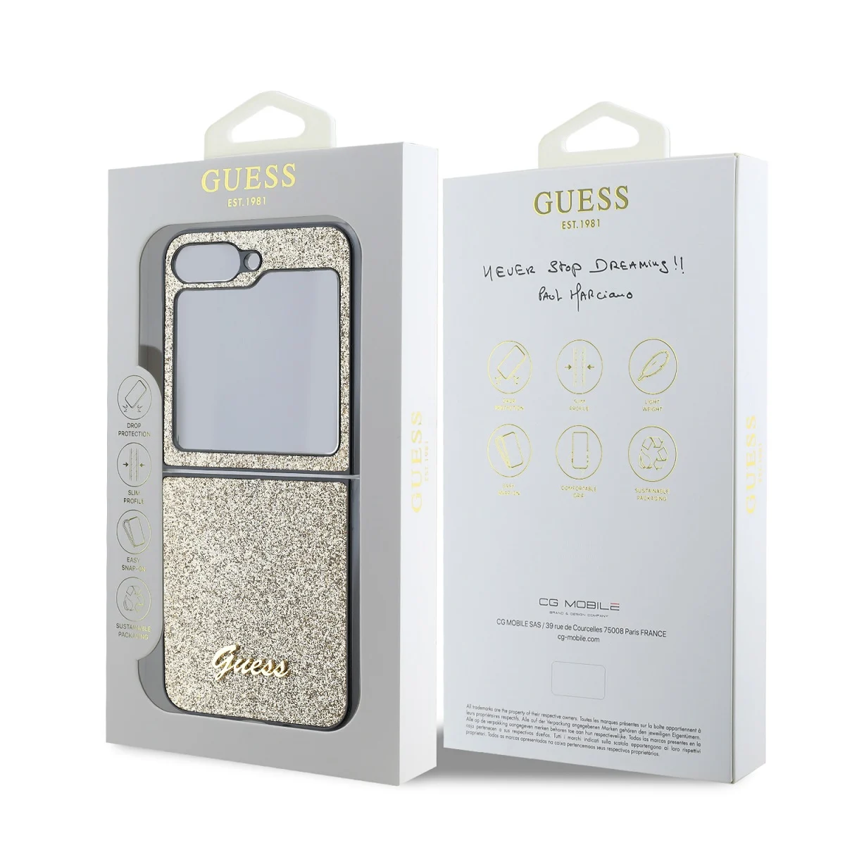 Калъф Guess GUHCZF6HGGSHD Samsung Z Flip 6 PC/TPU Glitter Flakes Metal Logo Gold – снимка 7
