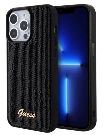 GUESS Калъф Apple iPhone 15, Sequin Script Logo Case, черен - GUHCP15SPSFDGSK