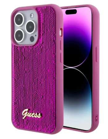 GUESS Калъф Apple iPhone 15, Sequin Script Logo, лилав - GUHCP15SPSFDGSF