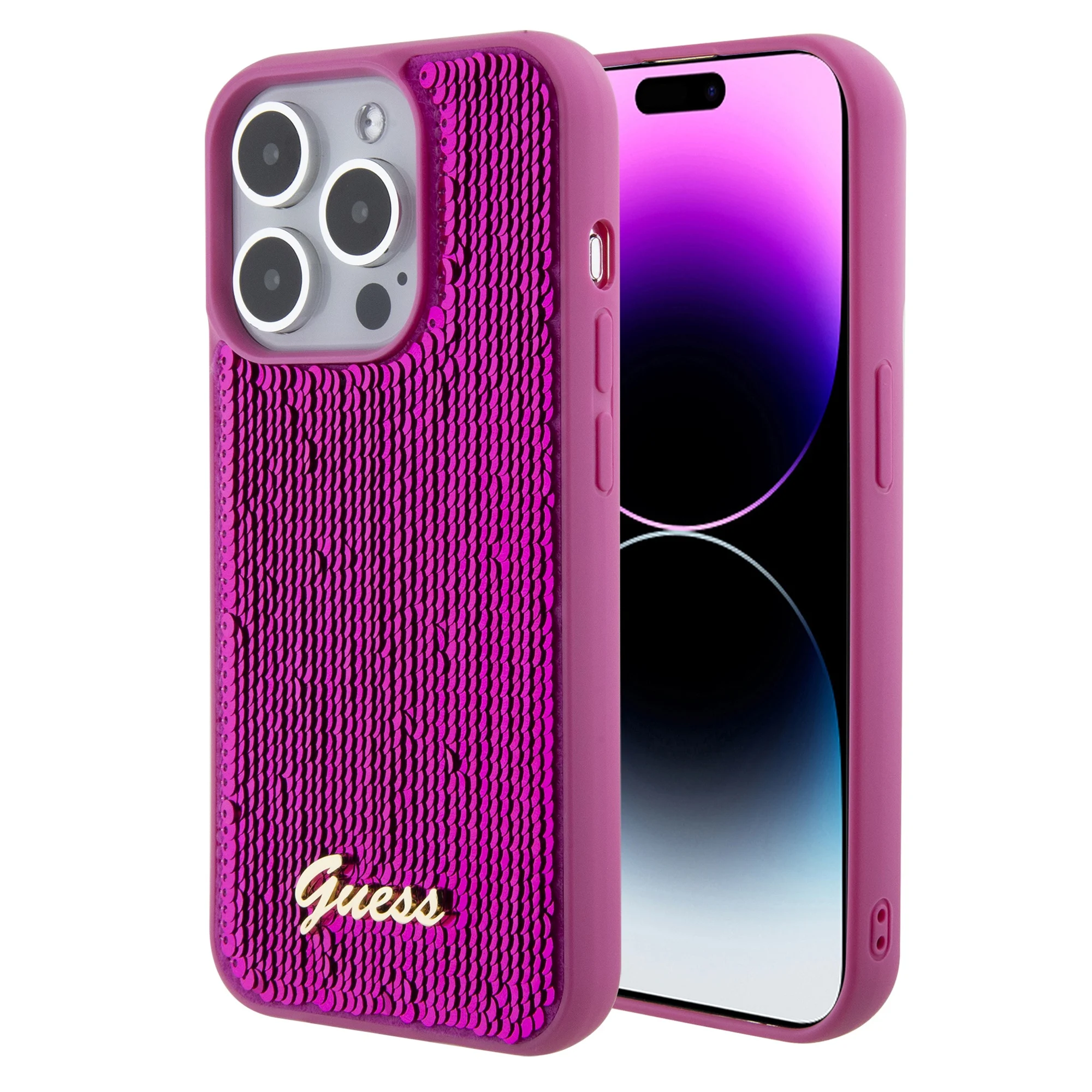 GUESS Калъф Apple iPhone 15, Sequin Script Logo, лилав - GUHCP15SPSFDGSF