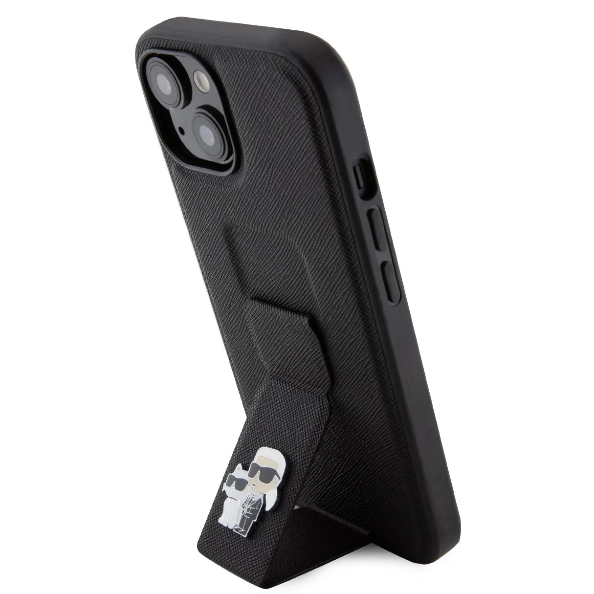 Калъф Karl Lagerfeld Saffiano Grip Stand Metal Logo за Apple iPhone 15 – демонстрация на стойката за пръсти, телефонът е подпрян вертикално, черен текстуриран кейс