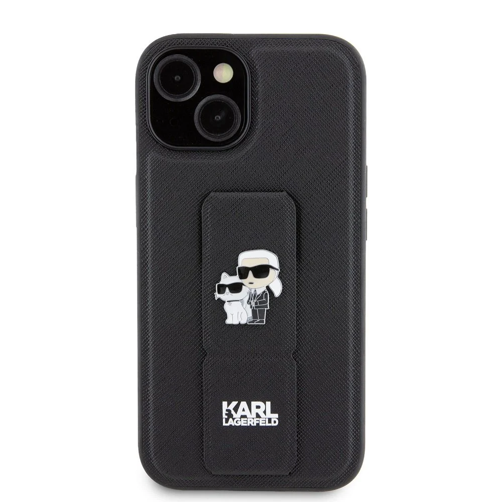 Калъф Karl Lagerfeld Saffiano Grip Stand Metal Logo за Apple iPhone 15 – черен текстуриран кейс със стойка за пръсти и метална икона на Карл и котка, изглед отдазад