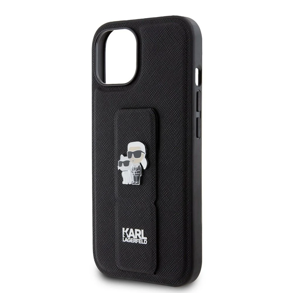 Калъф Karl Lagerfeld Saffiano Grip Stand Metal Logo за Apple iPhone 15 – черен текстуриран кейс със стойка за пръсти и метална икона на Карл и котка, без телефон, ъглов изглед