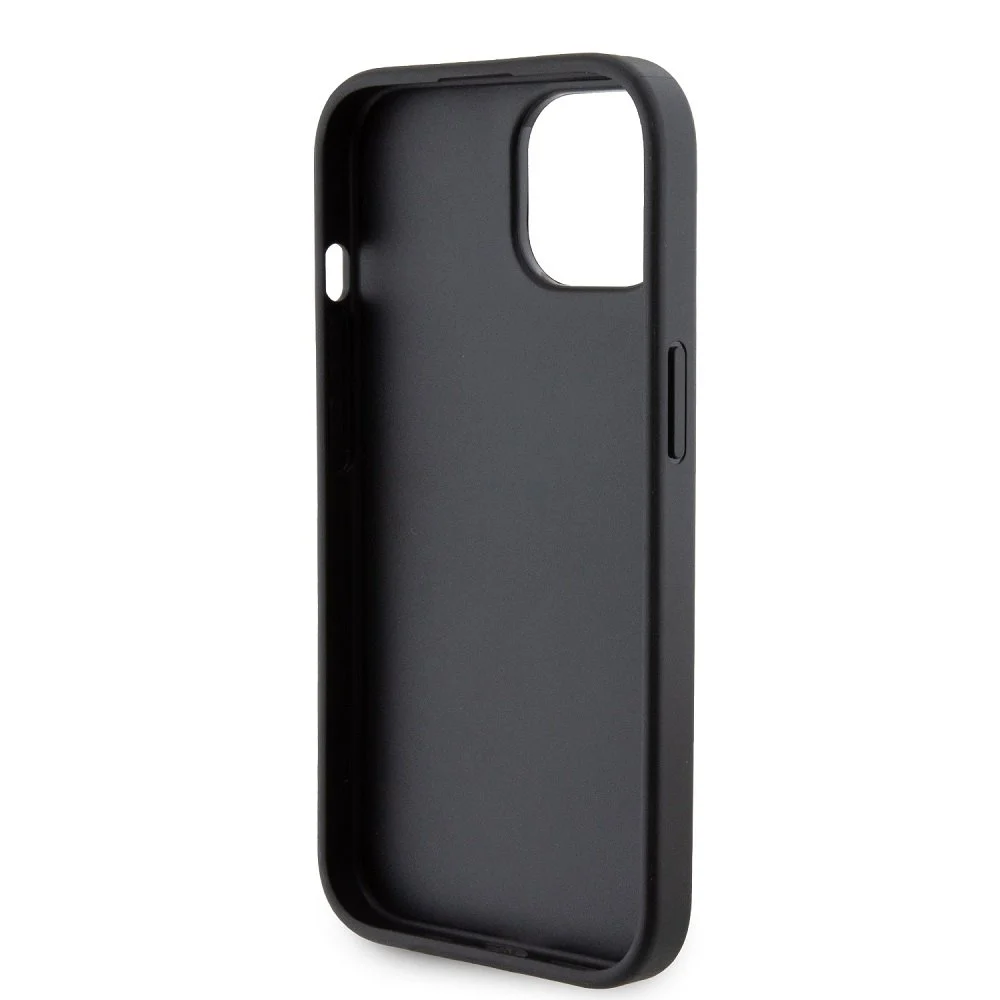 Вътрешна част на калъф Karl Lagerfeld Saffiano Grip Stand Metal Logo за Apple iPhone 15 – черен кейс с гладка вътрешна повърхност, изглед отвътре