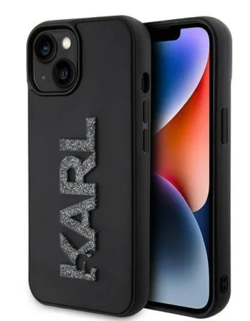 Калъф Karl Lagerfeld 3D Rubber Glitter Logo за Apple iPhone 15 – черен кейс с релефни брокатени букви K–A–R–L, поставен на телефон, ъглов изглед