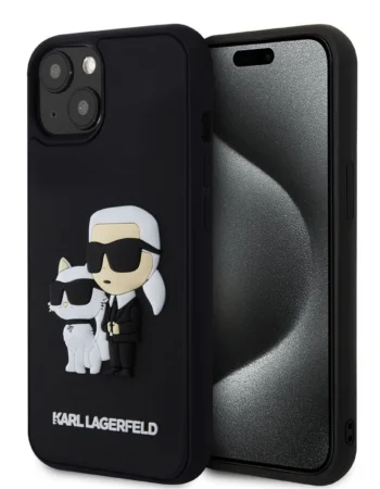 Калъф Karl Lagerfeld 3D Rubber K/C за Apple iPhone 15 – черен кейс с триизмерен дизайн на Карл и котка, представен до телефон