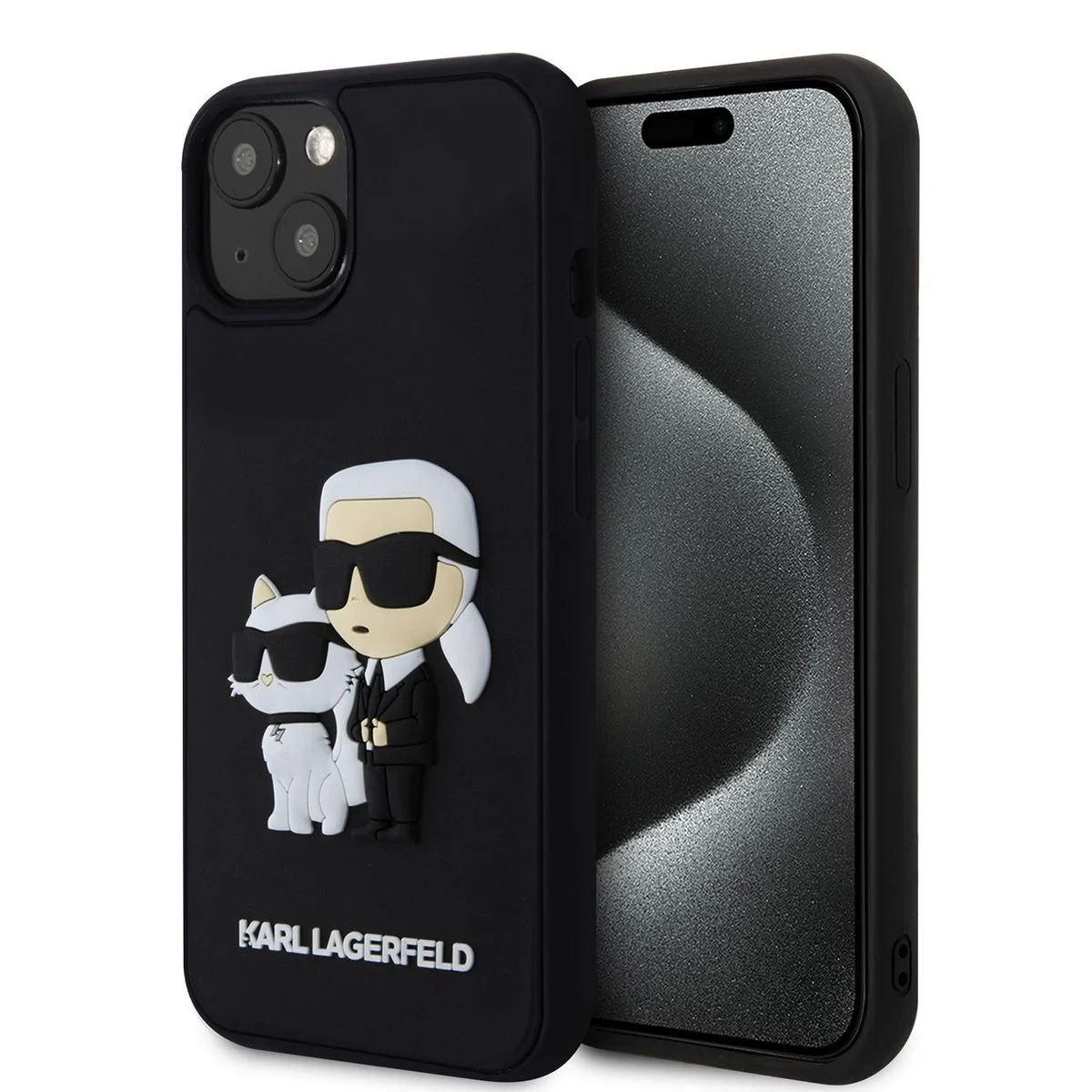 Калъф Karl Lagerfeld 3D Rubber K/C за Apple iPhone 15 – черен кейс с триизмерен дизайн на Карл и котка, представен до телефон