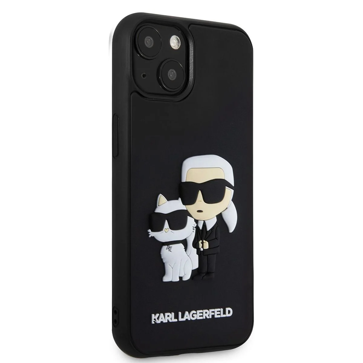 Калъф Karl Lagerfeld 3D Rubber K/C за Apple iPhone 15 – черен кейс с триизмерен дизайн на Карл и котка, ъглов изглед на телефон