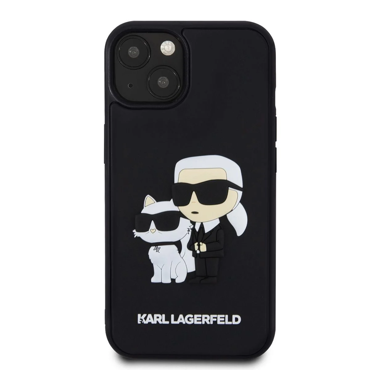 Калъф Karl Lagerfeld 3D Rubber K/C за Apple iPhone 15 – черен кейс с триизмерен дизайн на Карл и котка, изглед отдазад на телефон (центриран)
