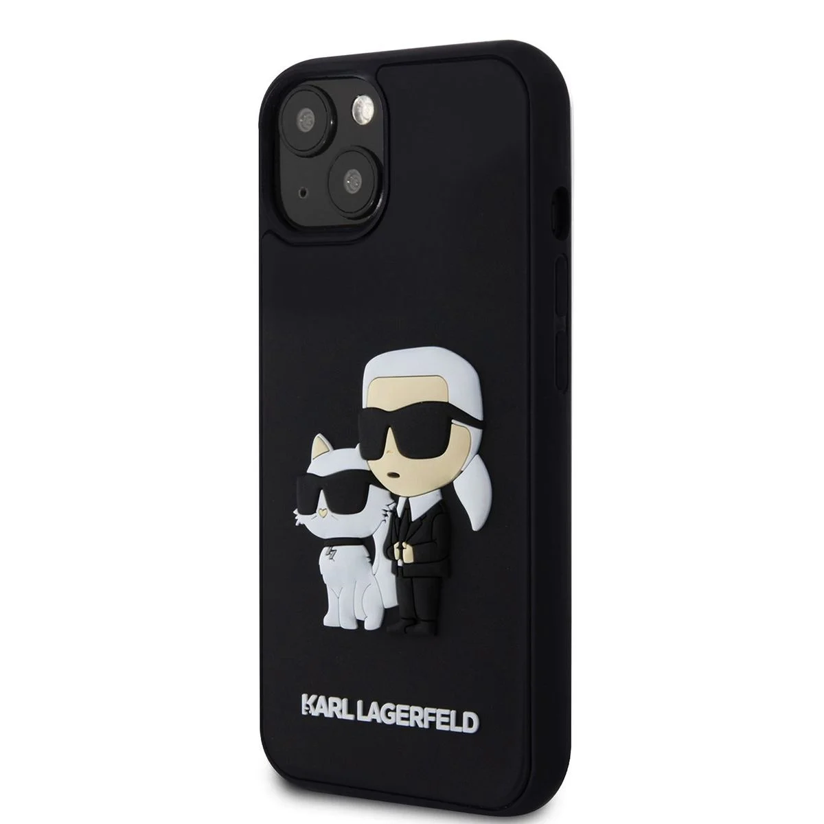 Калъф Karl Lagerfeld 3D Rubber K/C за Apple iPhone 15 – черен кейс с триизмерен дизайн на Карл и котка, поставен на телефон, изглед отдазад