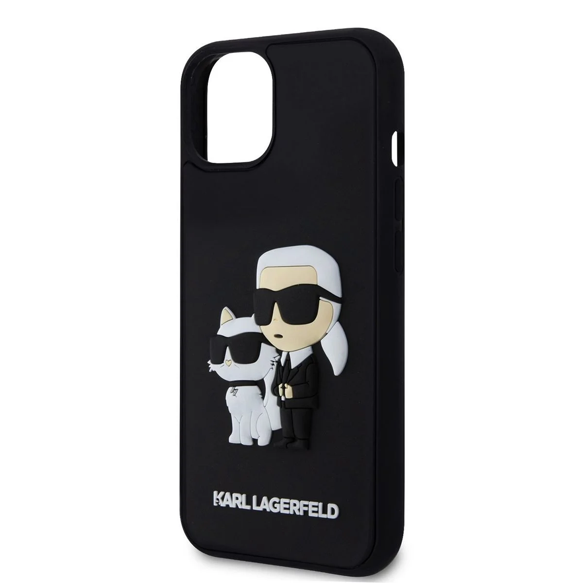 Калъф Karl Lagerfeld 3D Rubber K/C за Apple iPhone 15 – черен кейс с триизмерен дизайн на Карл и котка, изглед под ъгъл