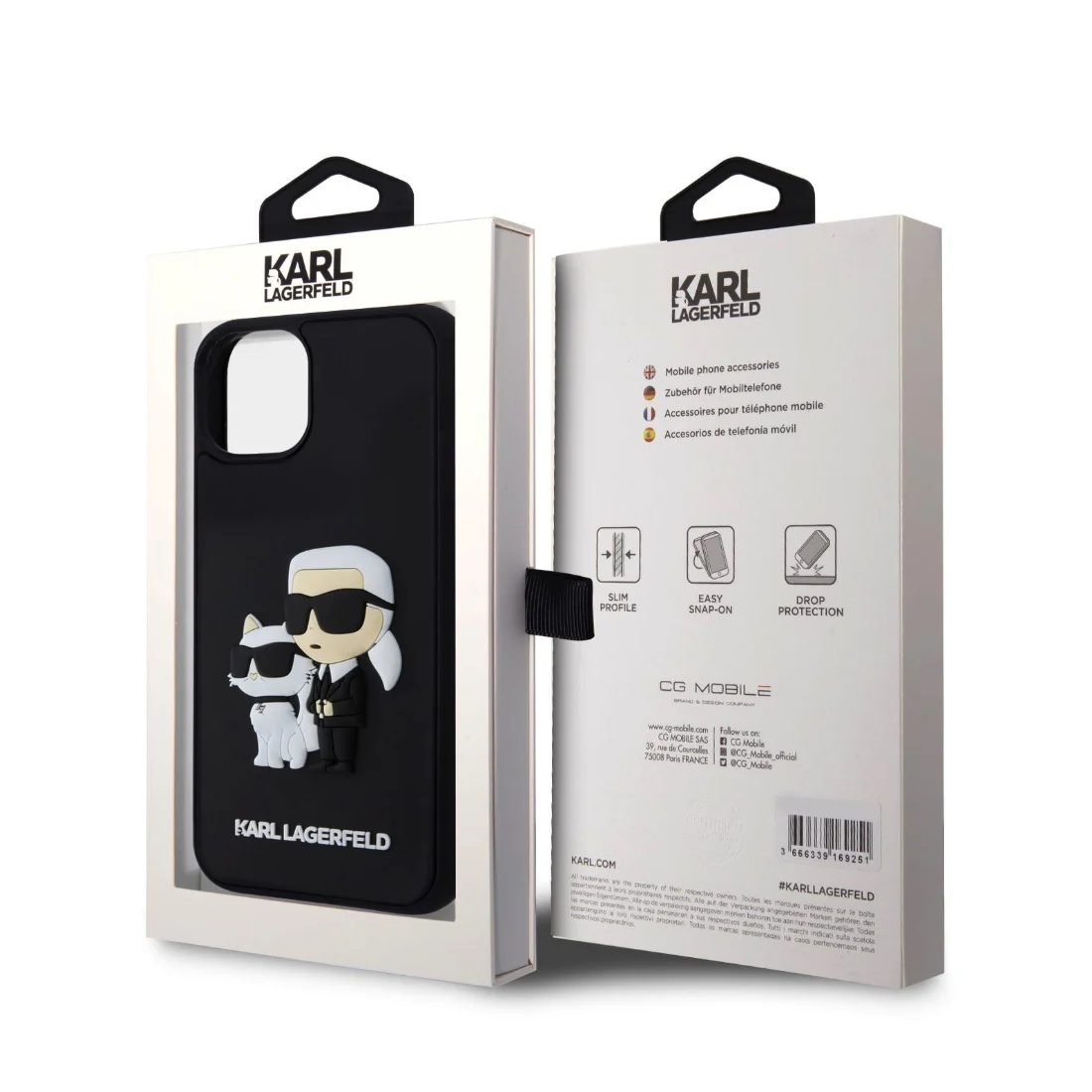 Опаковка на калъф Karl Lagerfeld 3D Rubber K/C за Apple iPhone 15 – черен калъф с триизмерен дизайн на Карл и котка, показва предна и задна страна на кутията