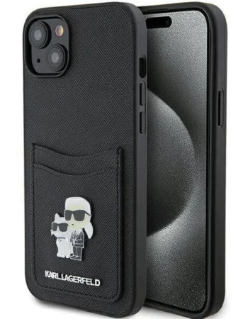 Karl Lagerfeld Калъф Apple iPhone 15, PU Saffiano Card Slot Metal K/C - KLHCP15SSAPKCNPK