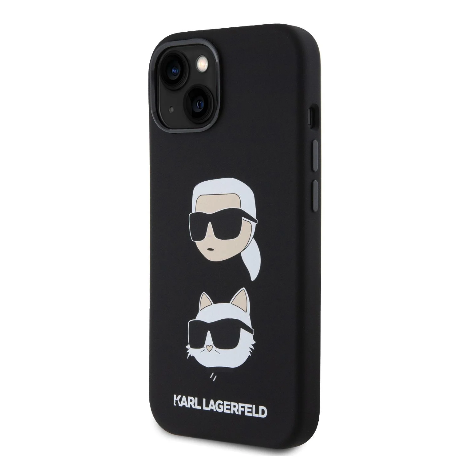 Калъф Karl Lagerfeld Liquid Silicone K/C Heads за iPhone 15 – черен силиконов калъф с анимационни глави на Карл и котка