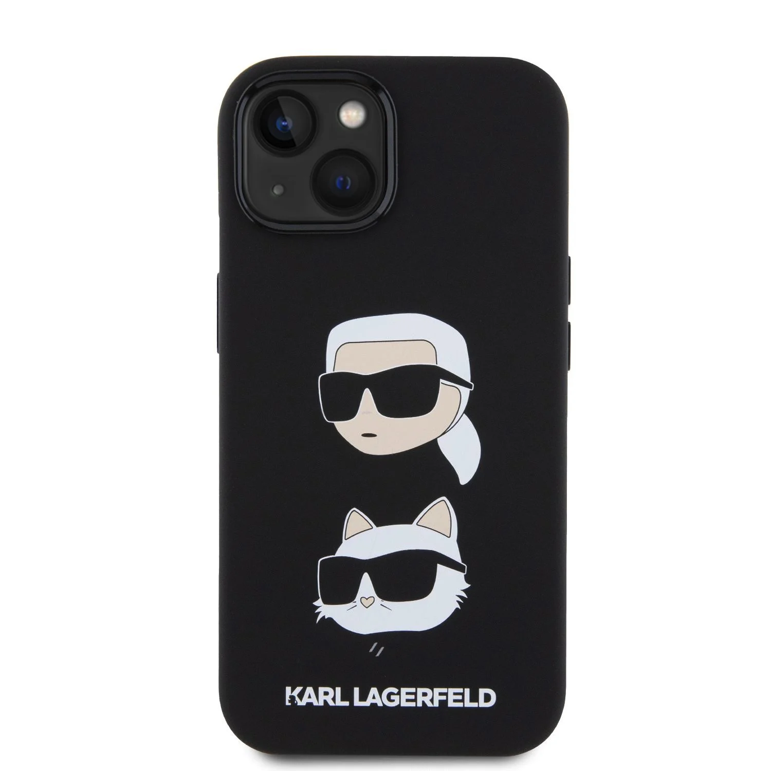 Калъф Karl Lagerfeld Liquid Silicone K/C Heads за iPhone 15 – черен калъф с анимационни глави на Карл и котка (центрирани)