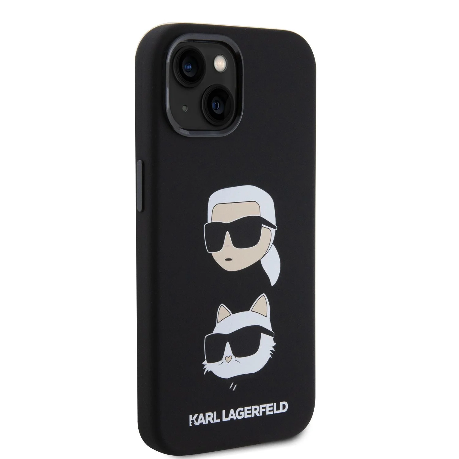 Калъф Karl Lagerfeld Liquid Silicone K/C Heads за iPhone 15 – страничен изглед на черен силиконов калъф с анимационни глави на Карл и котка