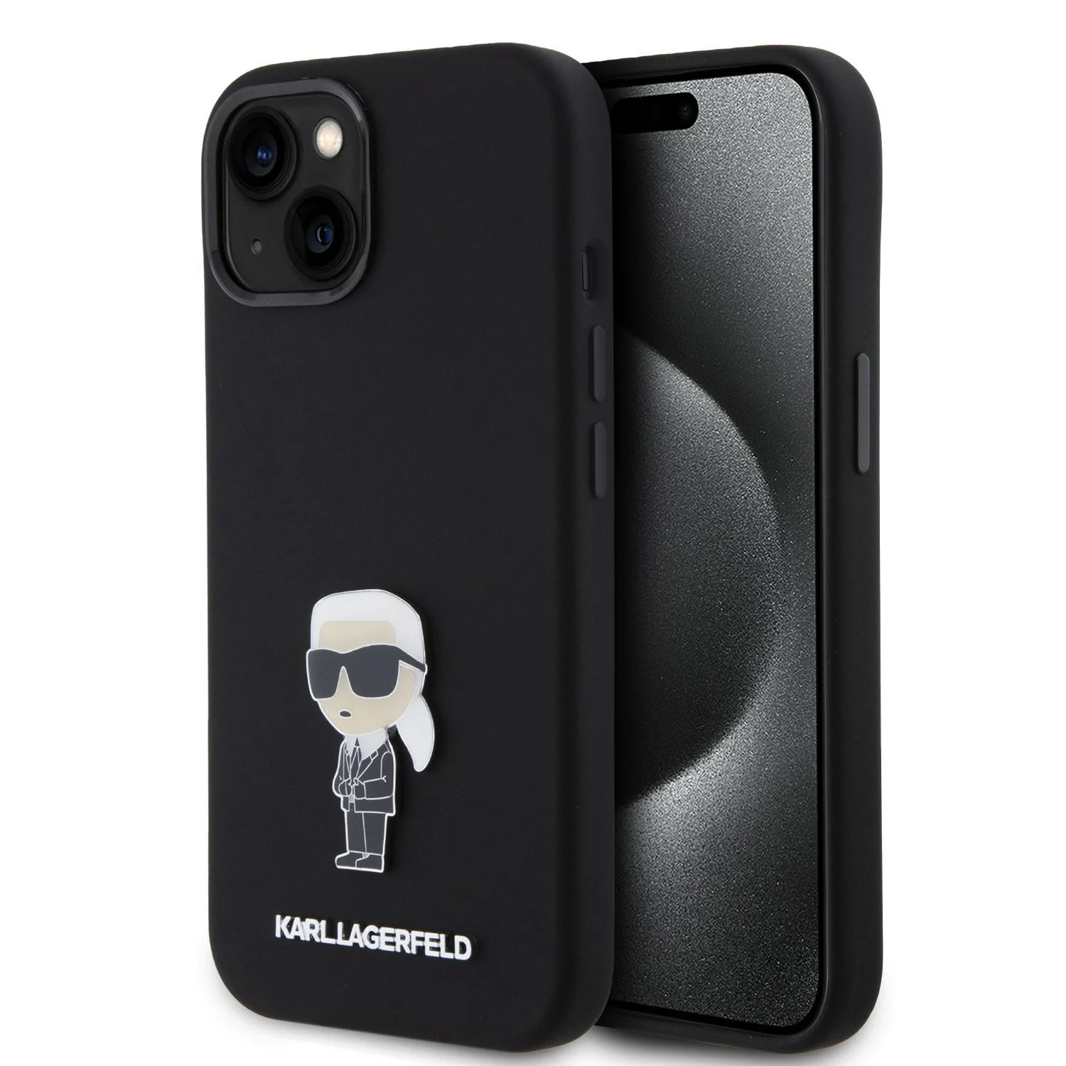 Черен силиконов кейс Karl Lagerfeld за iPhone 15 с метална фигура Карл, поставен до телефона – демонстрация на защита
