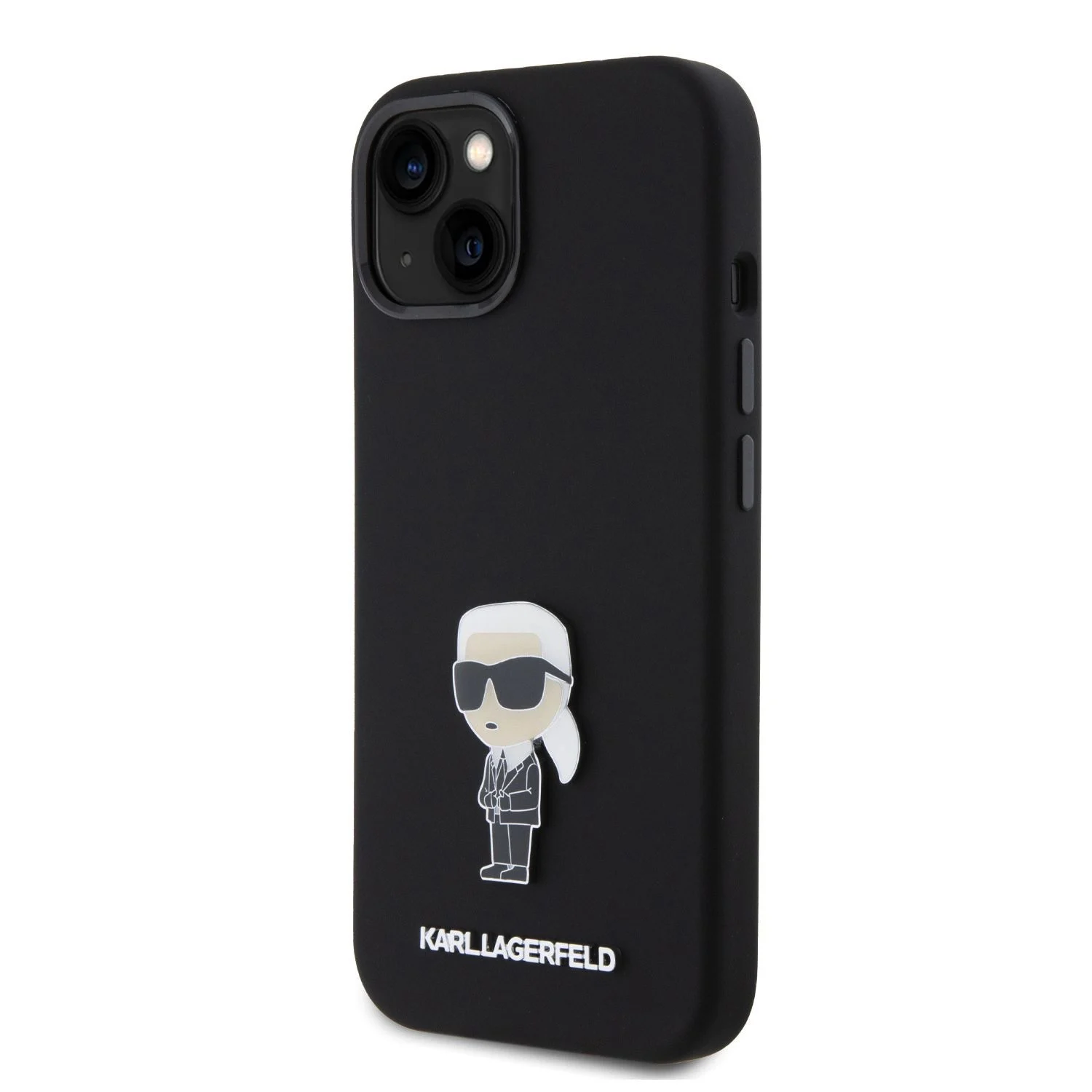 Черен силиконов кейс Karl Lagerfeld за iPhone 15 – метална фигура Карл на гърба, изглед под ъгъл отляво
